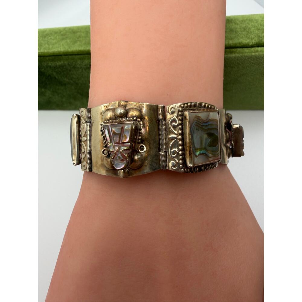 Vintage 1950"s Alpaca Hecho en Mexico Taxco abalone Panel Link Bracelet - Picture 3 of 7